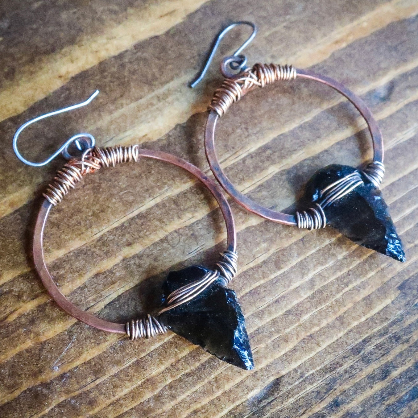 Obsidian Arrowhead Hoop Earrings - Bronze & Copper - Blackbird & Sage Jewelry