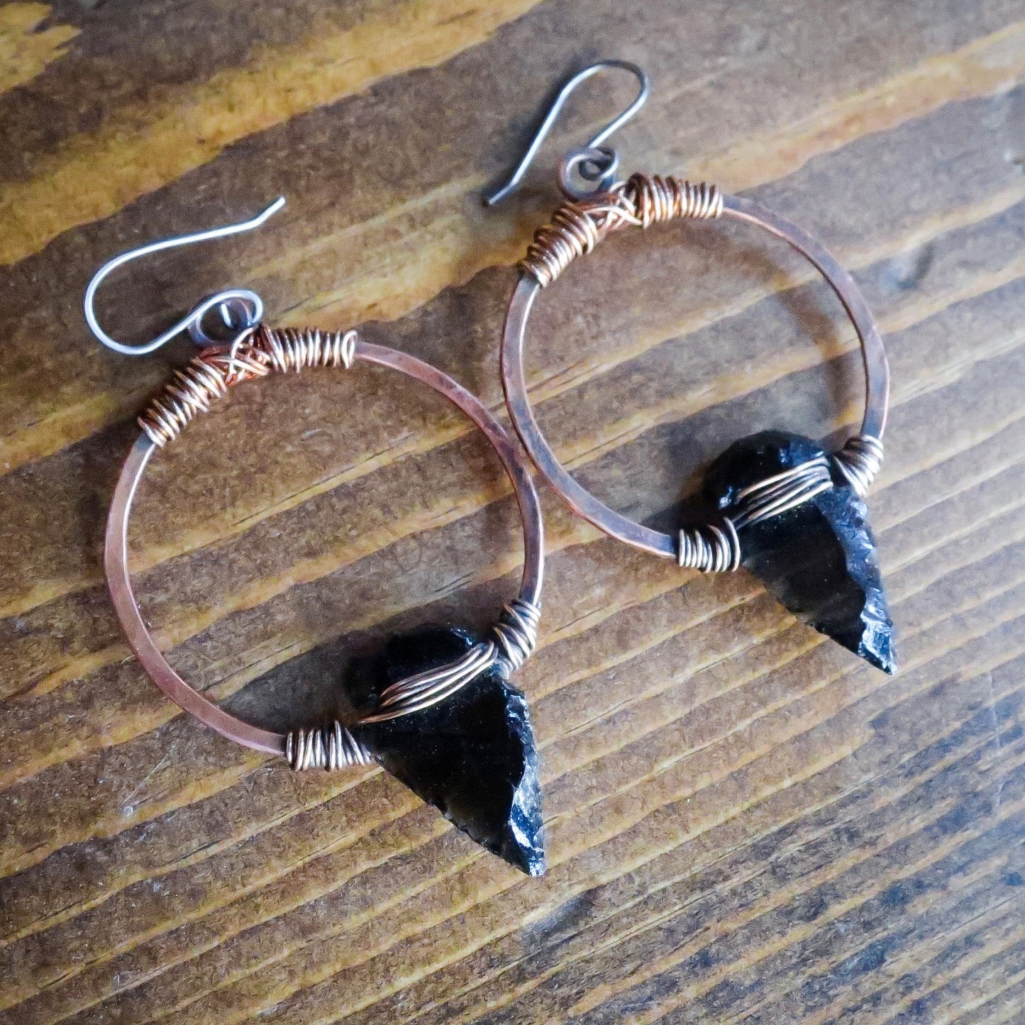 Obsidian Arrowhead Hoop Earrings - Bronze & Copper - Blackbird & Sage Jewelry