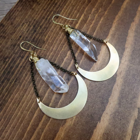 Quartz Crescent Moon Earrings | Brass - Blackbird & Sage