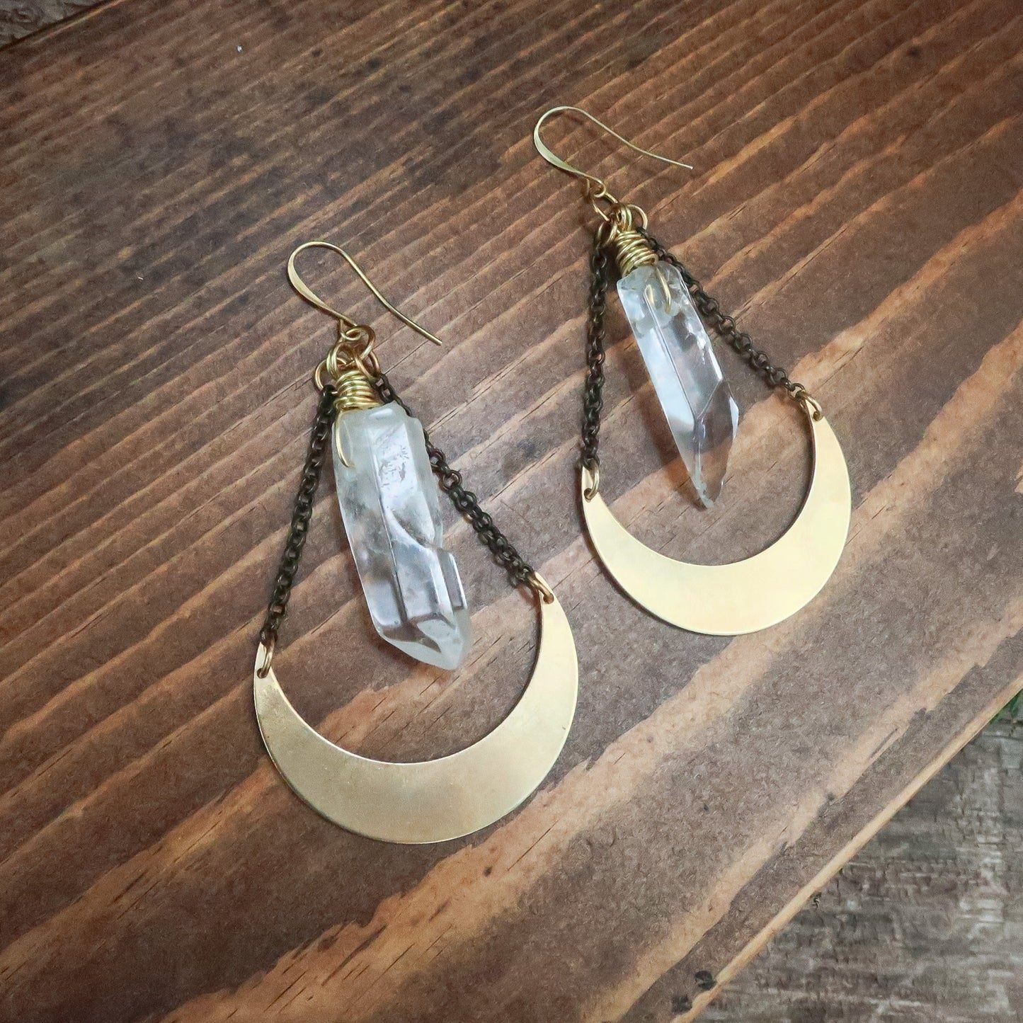 Quartz Crescent Moon Earrings | Brass - Blackbird & Sage
