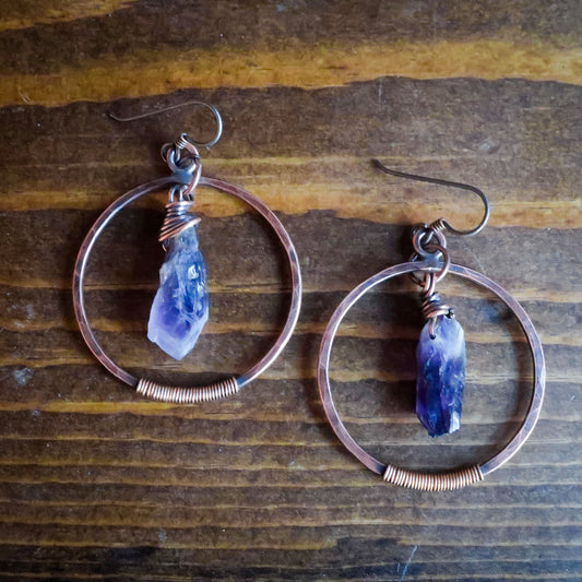 Raw Amethyst Hoop Earrings - Copper & Bronze - Blackbird & Sage Jewelry