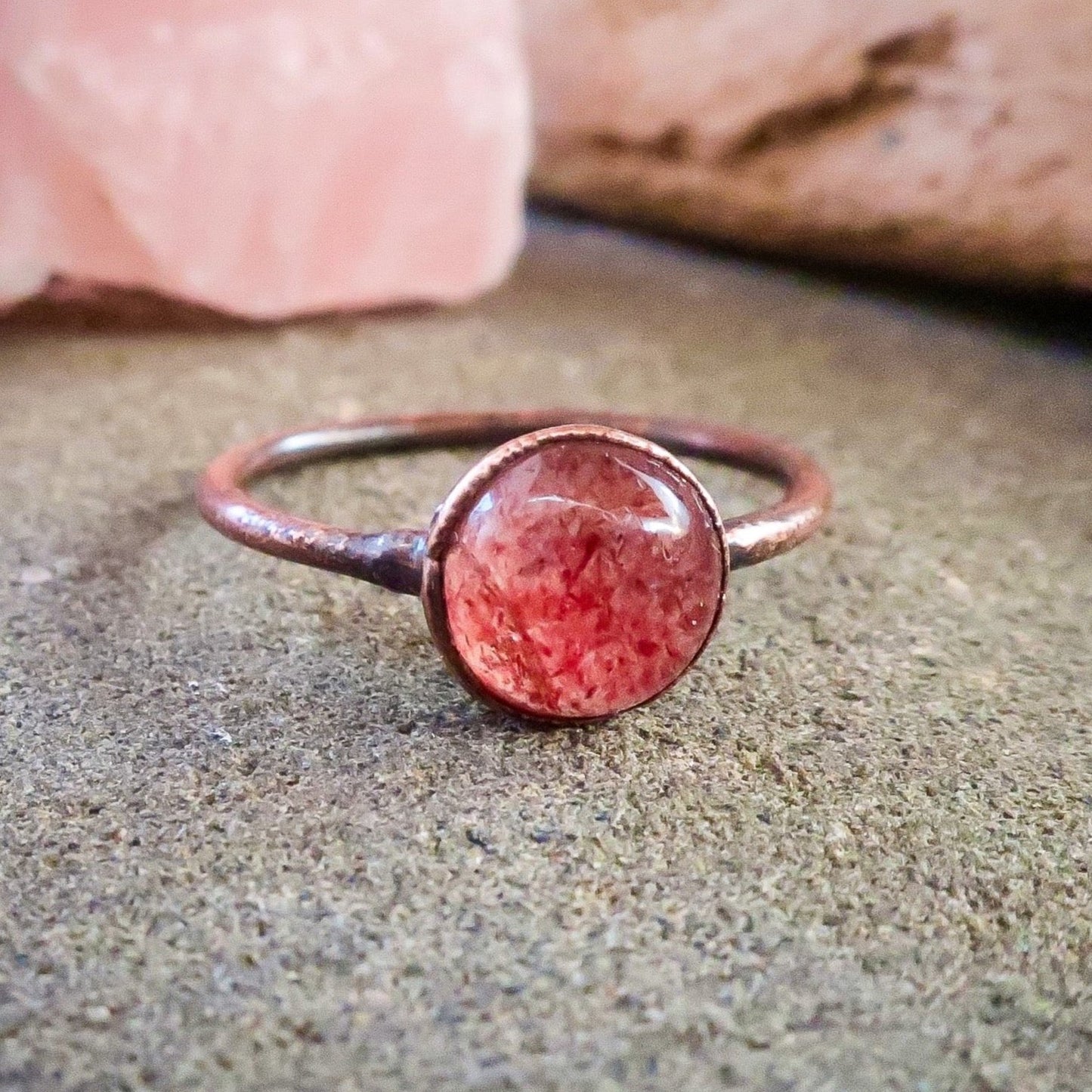 Strawberry Quartz Round Stone Copper Ring • Size US/CA 8.25 - Blackbird & Sage Jewelry