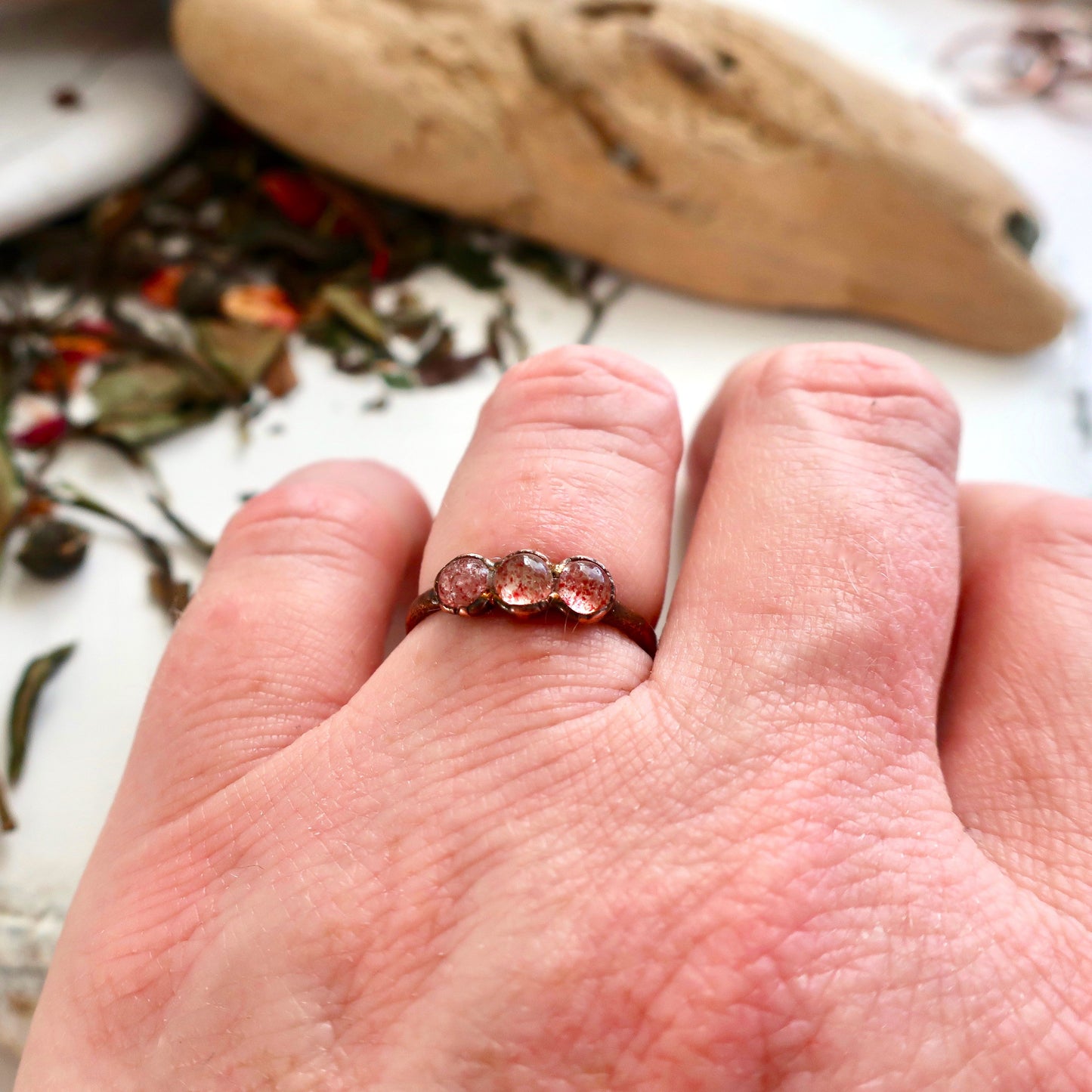 Strawberry Quartz 3 Stone Ring | Copper | Size 6.75 - Blackbird & Sage Jewelry