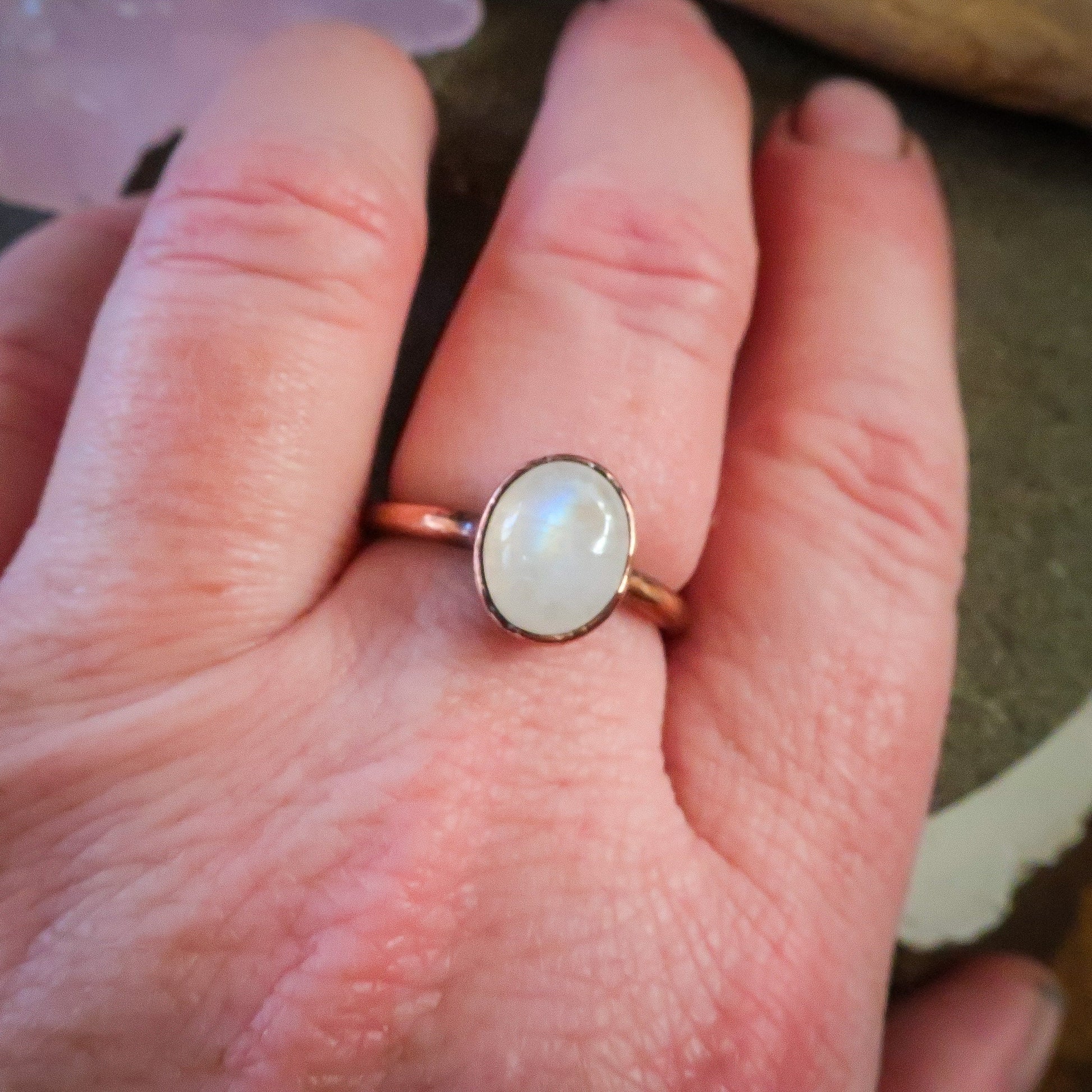 Rainbow Moonstone Oval Stone Ring in Copper | Size 7.5 | Crystal Ring, Talisman, Electroformed Jewelry, Rustic, Bohemian - Blackbird & Sage Jewelry