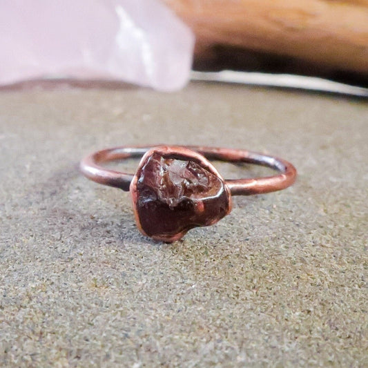 Raw Red/Brown Zircon Ring Set in Copper, Raw Zircon, Electroformed Jewelry, Raw Crystal Ring, Bohemian, Solitaire, Rustic - Blackbird & Sage Jewelry