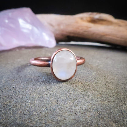 Rainbow Moonstone Oval Stone Ring in Copper | Size 7.5 | Crystal Ring, Talisman, Electroformed Jewelry, Rustic, Bohemian - Blackbird & Sage Jewelry