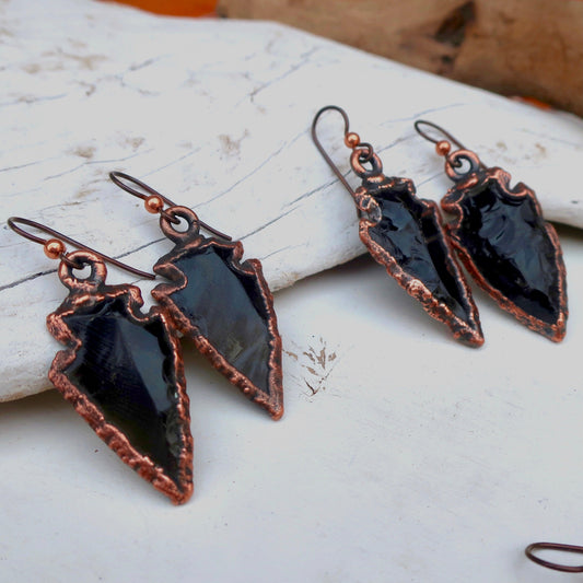 Obsidian Arrowhead Copper Earrings- Blackbird & Sage