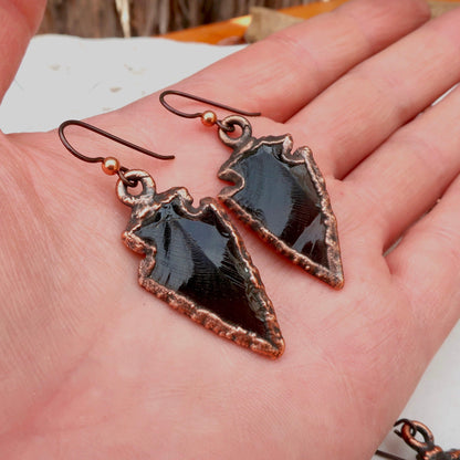 Obsidian Arrowhead Copper Earrings - Blackbird & Sage